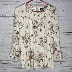 Women's Karl Lagerfeld Cream Floral Blouse Bell Sleeve Pullover Tunic Top size S